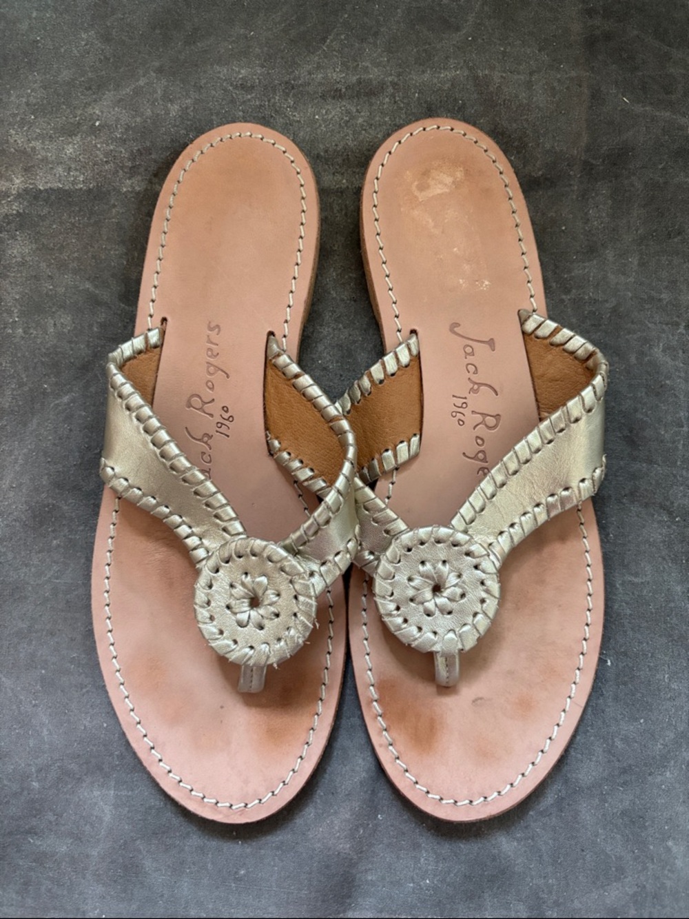 Jack Rogers RO Metallic Platinum Leather Thong Sandals with Woven Medallion